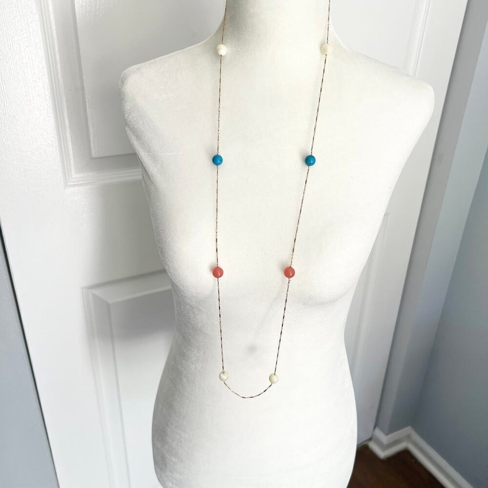Gold tone link two way station beaded necklace rose, white, and turquoise beads